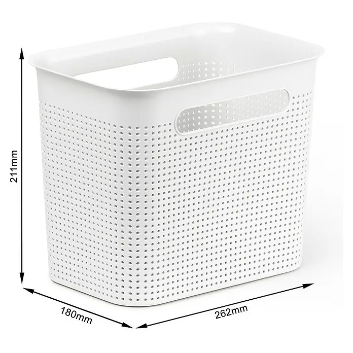Rotho Aufbewahrungsbox Brisen - L x B x H: 26,2 x 18 x 21,1 cm, Kunststoff, Weiß - Produktansicht: Ein weißer, perforierter Aufbewahrungskorb mit Griffen und den Maßen 211 mm Höhe, 180 mm Breite und 262 mm Länge.