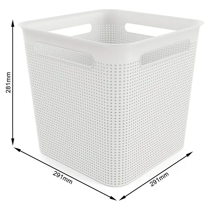 Rotho Aufbewahrungsbox Brisen - L x B x H: 29,1 x 29,1 x 28,1 cm, Kunststoff, Weiß - Abbildung eines weißen, quadratischen Wäschekorbs mit Griffen und Löchern mit den Maßen 281 x 291 mm.