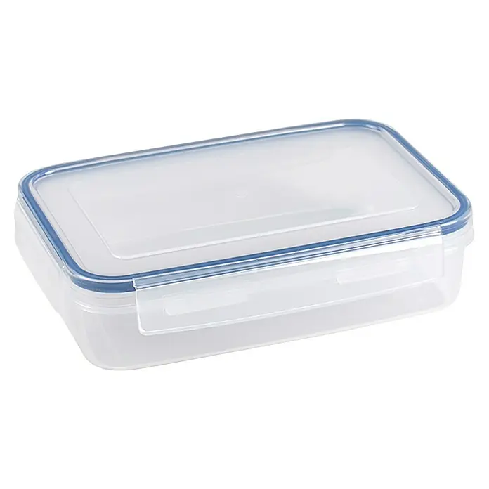 Sunware Frischhaltedose Basic - L x B x H: 22 x 15,6 x 5,6 cm, Transpatent - Luftdichter, rechteckiger Frischhaltebehälter mit blauem Dichtungsring für die Aufbewahrung von Lebensmitteln.