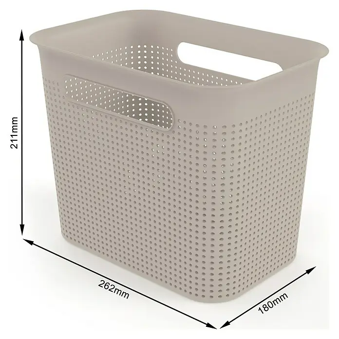 Rotho Aufbewahrungsbox Brisen - L x B x H: 26,2 x 18 x 21,1 cm, Kunststoff, Cappuccino - Produktbild eines rechteckigen, durchbrochenen Aufbewahrungskorbs in Beige mit Griffen und Maßangaben.