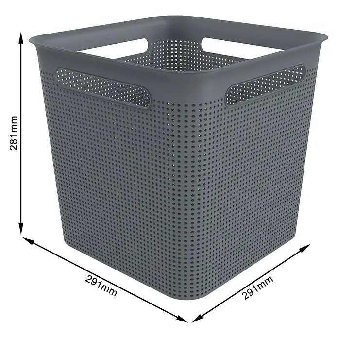 Rotho Aufbewahrungsbox Brisen - L x B x H: 29,1 x 29,1 x 28,1 cm, Kunststoff, Anthrazit - Grauer Wäschekorb aus Kunststoff mit quadratischer Form und Lochmuster, inklusive Maßangaben.