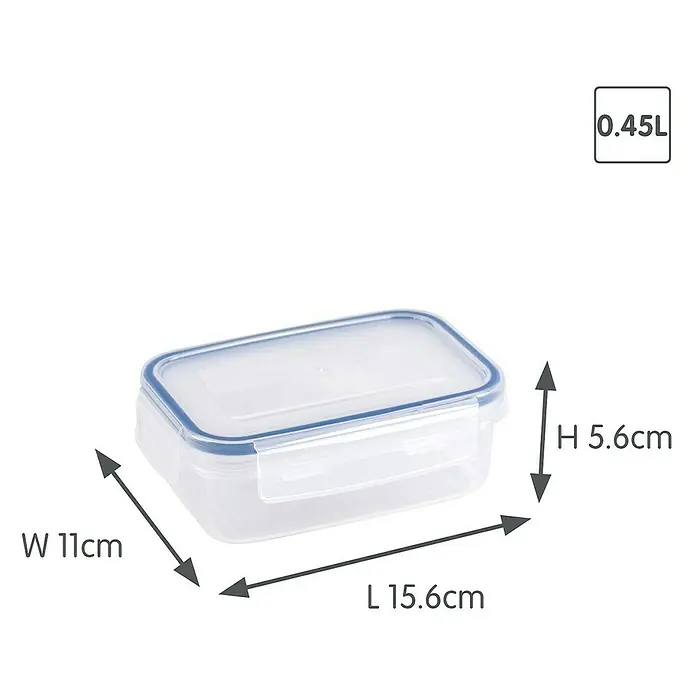Sunware Frischhaltedose Basic - L x B x H: 15,6 x 11 x 5,6 cm, Transpatent - Das Bild zeigt eine rechteckige Frischhaltedose (0,45L) aus durchsichtigem Kunststoff mit blauem Rand. Die Dose ist 15,6 cm lang, 11 cm breit und 5,6 cm hoch.