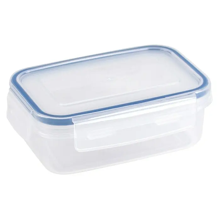 Sunware Frischhaltedose Basic - L x B x H: 15,6 x 11 x 5,6 cm, Transpatent - Ein durchsichtiger, rechteckiger Frischhaltebehälter mit blauem Dichtungsring und Verschluss. Ideal für die Aufbewahrung von Lebensmitteln.