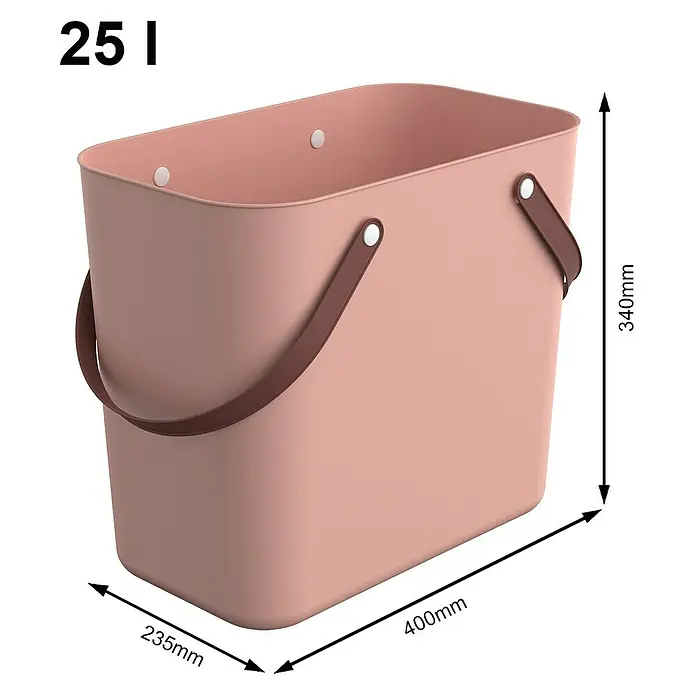 Rotho Albula Tasche Multibag Classic - 25 l, Linnea Rosa, Kunststoff - Ein rosa Papierkorb mit braunen Henkeln und den Maßen 340 mm Höhe, 400 mm Länge und 235 mm Breite. Volumen 25 Liter.
