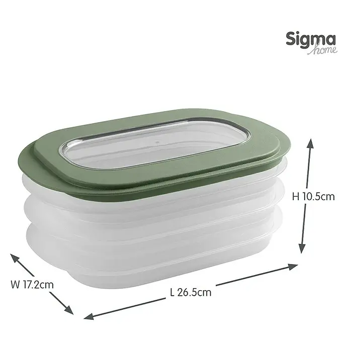 Sunware Frischhaltedose für Fleisch- und Wurstwaren - L x B x H: 17,2 x 17,2 x 10,5 cm, Transparent, Farbe Deckel: Grün - Abbildung einer Sigma Home Vorratsdose mit den Maßen Höhe 10,5 cm, Breite 17,2 cm und Länge 26,5 cm.