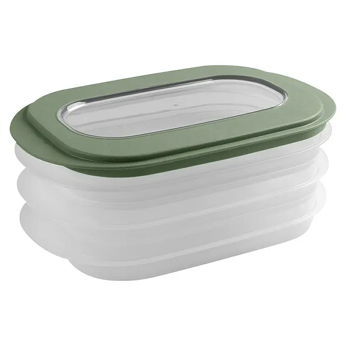 Sunware Frischhaltedose für Fleisch- und Wurstwaren - L x B x H: 17,2 x 17,2 x 10,5 cm, Transparent, Farbe Deckel: Grün - Eine ovale, zusammenfaltbare Vorratsdose mit transparentem Deckel und grüner Umrandung, ideal für die platzsparende Aufbewahrung von Lebensmitteln.