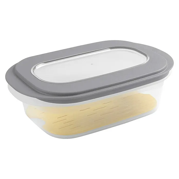 Sunware Frischhaltedose für Käse - L x B x H: 26 x 17,2 x 8 cm, Transparent, Farbe Deckel: Grau - Detaillierte Aufnahme einer Frischhaltedose mit grauem Deckel und durchsichtigem Behälter, ideal für die Aufbewahrung von Lebensmitteln.