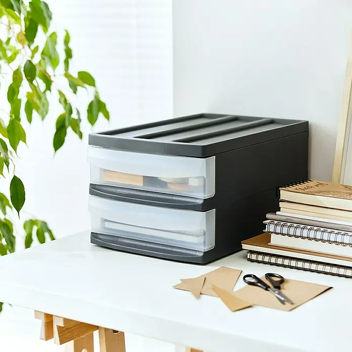 Rotho Schubladenbox Systemix Duo - L x B x H: 39,5 x 25,5 x 20,3 cm, Anthrazit, Anzahl Schubladen: 2 Stk. - Ein grauer Schubladencontainer aus Kunststoff mit zwei transparenten Schubladen steht auf einem weißen Tisch.