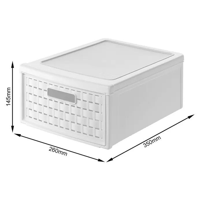 Rotho Schubladenbox Country - L x B x H: 35 x 26 x 14,5 cm, Weiß, Anzahl Schubladen: 1 Stk. - Weiße Aufbewahrungsbox mit Deckel und geflochtener Front, Abmessungen 260x350x145mm für vielseitige Aufbewahrung.