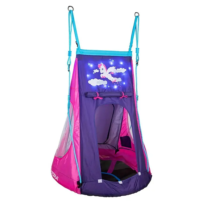 Hudora Nestschaukel Pony LED 90 - Durchmesser: 90 cm, Glas, Pink/Violett - Ein rosa-lila Kinderschaukel-Zelt mit einem Einhorn-Motiv, das eine lustige und gemütliche Ecke zum Spielen und Entspannen bietet.