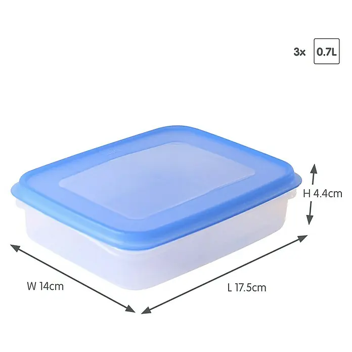 Sunware Gefrierdose Club Cuisine - 0,7 l, L x B x H: 17,5 x 14 x 4,4 cm, Farbe Deckel: Blau - Luftdichter Lebensmittelbehälter mit blauen Deckel. Ideal zum Aufbewahren von Lebensmitteln. Die Behälter sind 14 cm breit und 17,5 cm lang und 4,4 cm hoch.