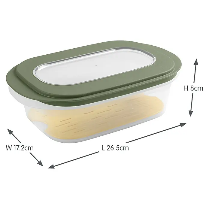 Sunware Frischhaltedose für Käse - L x B x H: 26 x 17,2 x 8 cm, Transparent, Farbe Deckel: Grün - Das Bild zeigt eine längliche Frischhaltedose mit grünem Deckel und durchsichtigem Behälter. Die Maße sind angegeben.