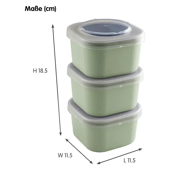 Sunware Sigma home Lunchbox Food to go - L x B x H: 11,5 cm x 11,5 cm x 18,5 mm, Grün - Bild von drei grünen Vorratsdosen, die gestapelt sind. Die Vorratsdosen haben einen durchsichtigen Deckel und sind quadratisch.
