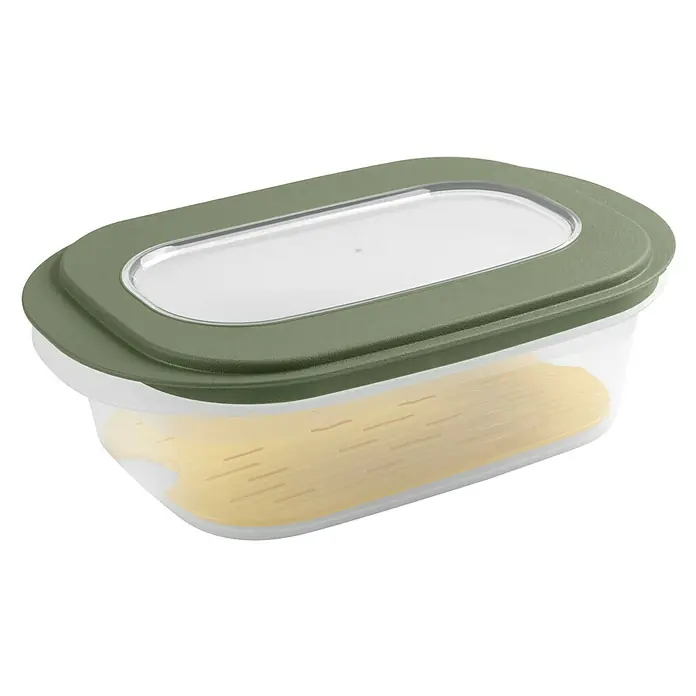 Sunware Frischhaltedose für Käse - L x B x H: 26 x 17,2 x 8 cm, Transparent, Farbe Deckel: Grün - Aufbewahrungsbox mit olivgrünem Deckel und transparentem Behälter, ideal zur Lagerung von Lebensmitteln und zur Organisation im Kühlschrank.