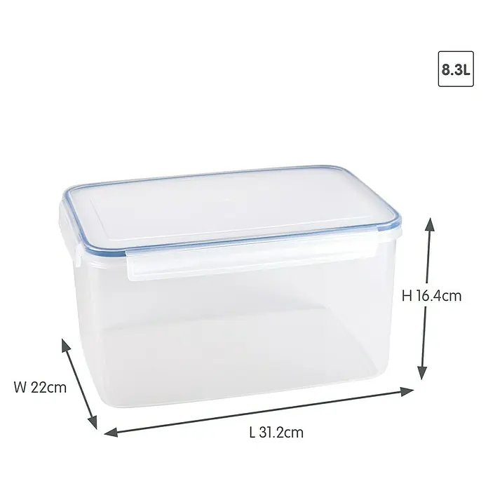 Sunware Frischhaltedose Basic - L x B x H: 31,2 x 22 x 16,4 cm, Transpatent - Rechteckiger, transparenter Frischhaltebehälter mit blauem Deckel und den Maßen 31,2 x 22 x 16,4 cm und einem Volumen von 8,3 Litern.
