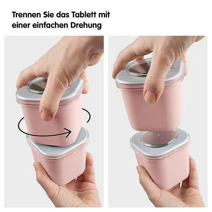 Sunware Sigma home Lunchbox Food to go - L x B x H: 9,3 x 9,3 x 16,7 cm, Farbe: Rosa - Die Bilder zeigen die einfache Drehung zum Trennen des rosa Tabletts, dargestellt in zwei Schritten für einfache Handhabung.