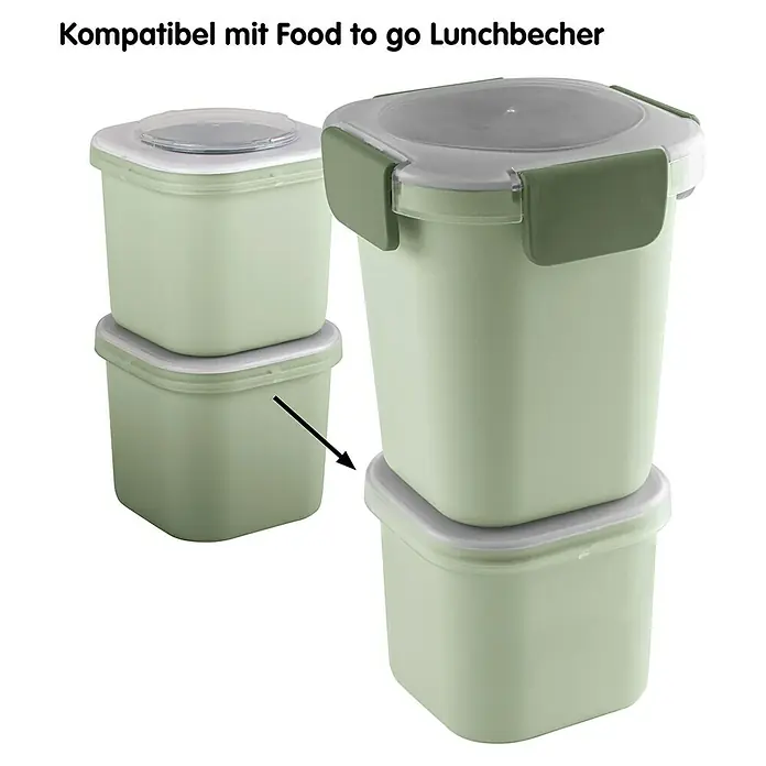 Sunware Sigma home Lunchbox Food to go - L x B x H: 9,3 x 9,3 x 16,7 cm, Farbe: Grün - Stapelbare quadratische Lebensmittelbehälter aus Kunststoff mit Deckel, ideal für den Transport von Speisen, mit dem Text "Kompatibel mit Food to go Lunchbecher".