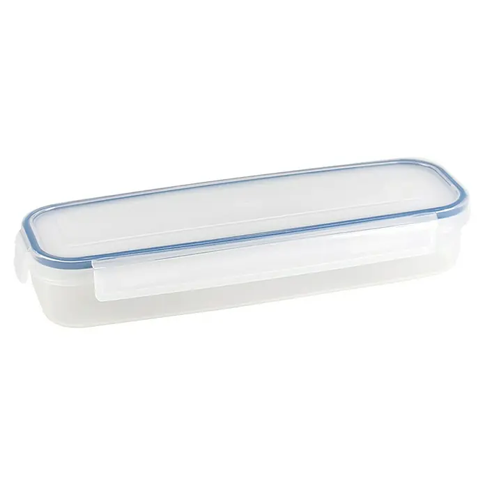Sunware Frischhaltedose Basic - L x B x H: 31,2 x 11 x 5,6 cm, Transparent - Luftdichter, rechteckiger Frischhaltebehälter aus Kunststoff mit blauem Dichtungsring, ideal für die Aufbewahrung von Lebensmitteln.