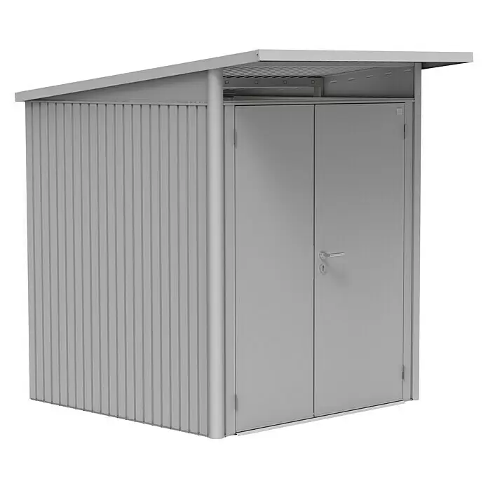 Biohort AvantGarde Gerätehaus A1 - Außenmaß inkl. Dachüberstand (B x T): 180 x 220 cm, Stahl, Silber Metallic, Doppeltür - Diagonale Ansicht