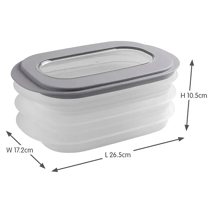 Sunware Frischhaltedose für Fleisch- und Wurstwaren - L x B x H: 17,2 x 17,2 x 10,5 cm, Transparent, Farbe Deckel: Grau - Produktbild einer rechteckigen, zusammenfaltbaren Frischhaltedose mit grauem Deckel und den Maßen 26,5 x 17,2 x 10,5 cm.