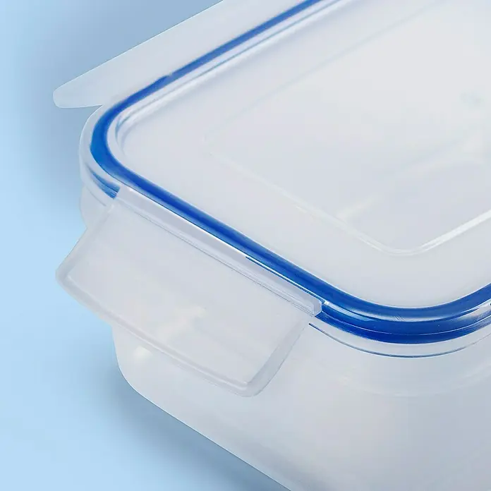 Sunware Frischhaltedose Basic - L x B x H: 18,5 x 13 x 7 cm, Transpatent - Nahaufnahme einer durchsichtigen Frischhaltedose mit blauem Dichtungsring und Verschluss. Ideal für die Aufbewahrung von Lebensmitteln.
