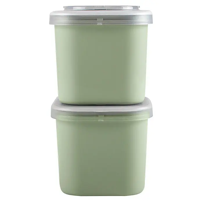 Sunware Sigma home Lunchbox Food to go - L x B x H: 9,3 x 9,3 x 16,7 cm, Farbe: Grün - Zwei grüne Frischhaltedosen mit transparenten Deckeln, gestapelt, ideal für die Aufbewahrung von Lebensmitteln und zum Frischhalten von Speisen.