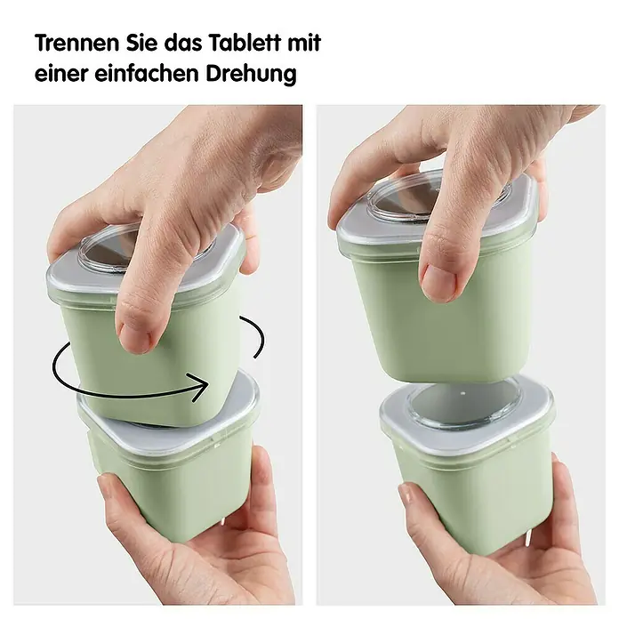 Sunware Sigma home Lunchbox Food to go - L x B x H: 9,3 x 9,3 x 16,7 cm, Farbe: Grün - Schrittweise Anleitung zum Trennen des abgebildeten stapelbaren Tabletts mit einer einfachen Drehung.