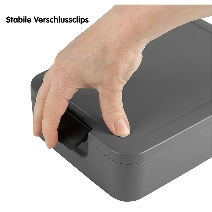Sunware Sigma home Lunchbox Food to go - L x B x H: 24 x 17 x 6,5 cm, Anthrazit - Graue Brotdose mit stabilen Verschlussclips und einer Hand, die sie öffnet oder schließt. Ideal für die Aufbewahrung von Lebensmitteln.