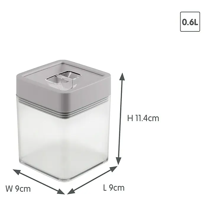 Sunware Sigma home Vorratsdose - L x B x H: 9 x 9 x 11,4 cm, Transparent, Kunststoff - Luftdichter Vorratsbehälter mit grauem Deckel und den Maßen: Höhe 11,4 cm, Länge 9 cm, Breite 9 cm und 0,6 l Fassungsvermögen.