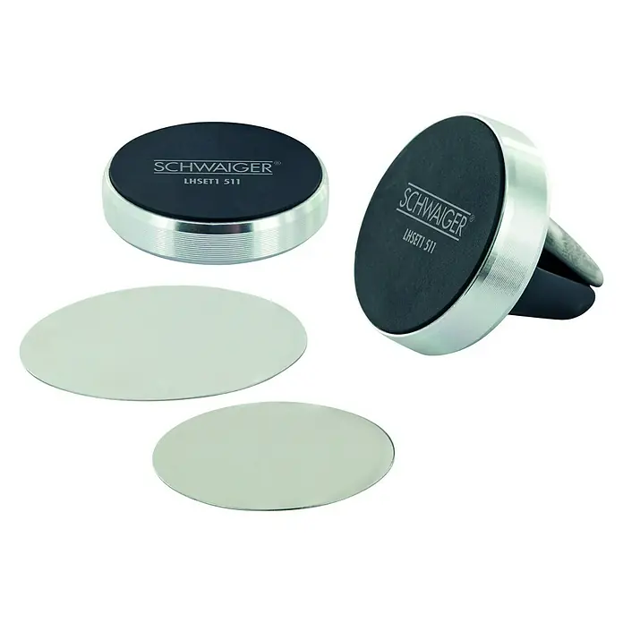 Schwaiger Magnethalter - Schwarz/Silber - Produktabbildung eines magnetischen Handyhalters der Marke SCHWAIGER mit zwei Metallplatten für die Befestigung am Smartphone.