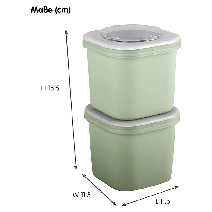 Sunware Sigma home Lunchbox Food to go - L x B x H: 9,3 x 9,3 x 16,7 cm, Farbe: Grün - Abmessungen der zwei übereinander gestapelten, quadratischen, grünen Frischhaltedosen mit Deckel.