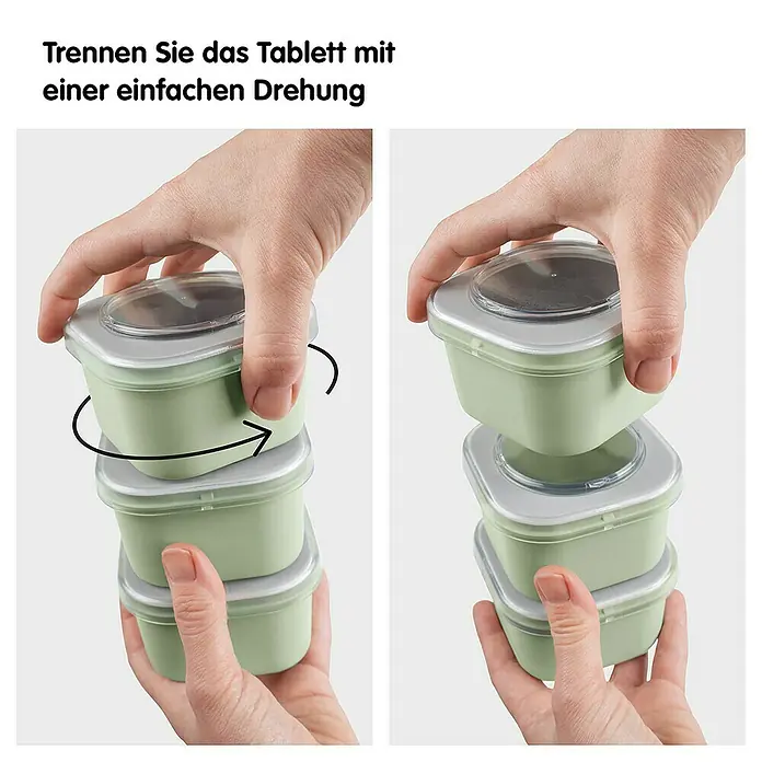 Sunware Sigma home Lunchbox Food to go - L x B x H: 11,5 cm x 11,5 cm x 18,5 mm, Grün - Auf dem Bild sieht man das Trennen der Tabletts mit einer einfachen Drehung. Auf dem zweiten Bild sind die Tabletts getrennt.