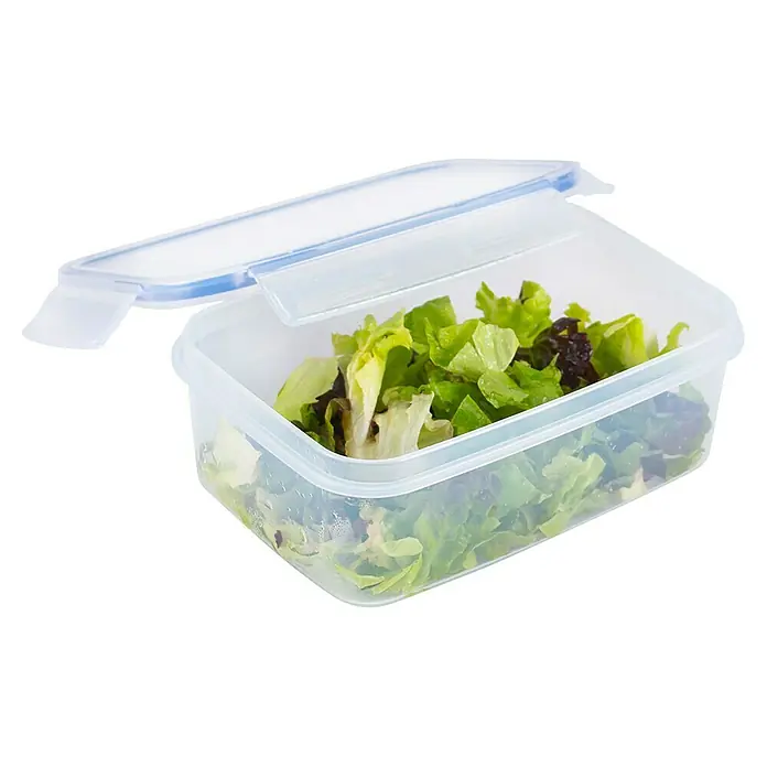 Sunware Frischhaltedose Basic - L x B x H: 18,5 x 13 x 7 cm, Transpatent - Frischer Salat in einer wiederverwendbaren Frischhaltedose mit transparentem Deckel und blauem Dichtungsring, ideal für unterwegs.