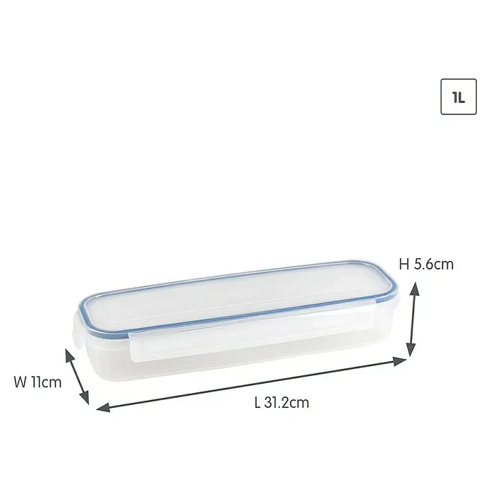 Sunware Frischhaltedose Basic - L x B x H: 31,2 x 11 x 5,6 cm, Transparent - Dieses Bild zeigt eine längliche, durchsichtige Frischhaltedose mit blauem Deckel. Die Dose hat eine Kapazität von 1L und verschiedene Maßangaben.