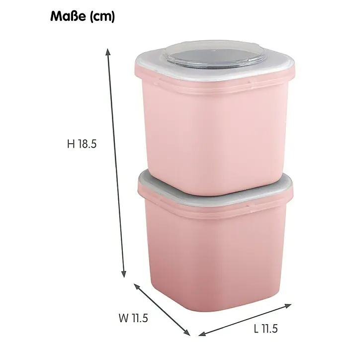 Sunware Sigma home Lunchbox Food to go - L x B x H: 9,3 x 9,3 x 16,7 cm, Farbe: Rosa - Abmessungen der rosa Vorratsdosen mit grauen Deckeln, gestapelt, Höhe 18,5 cm, Breite 11,5 cm, Länge 11,5 cm.