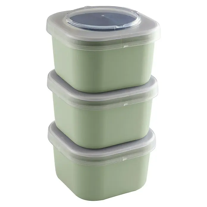 Sunware Sigma home Lunchbox Food to go - L x B x H: 11,5 cm x 11,5 cm x 18,5 mm, Grün - Ein Stapel von drei grünen Frischhaltedosen mit durchsichtigen Deckeln, ideal zur Aufbewahrung von Lebensmitteln und Resten.