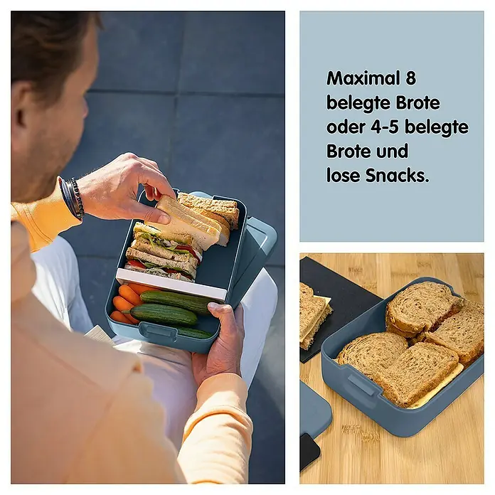Sunware Sigma home Lunchbox Food to go - L x B x H: 24 x 17 x 6,5 cm, Blau - Eine blaue Lunchbox mit Fächern für belegte Brote, Gemüse und Snacks, ideal für unterwegs.