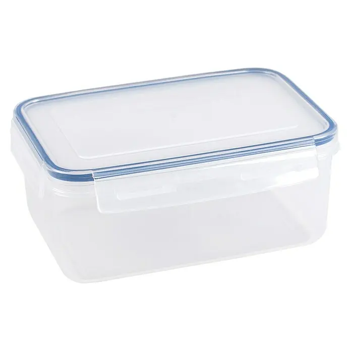 Sunware Frischhaltedose Basic - L x B x H: 22 x 15,6 x 9,4 cm, Transpatent - Transparente rechteckige Frischhaltedose mit blauem Dichtungsring und Verschluss für die Aufbewahrung von Lebensmitteln.