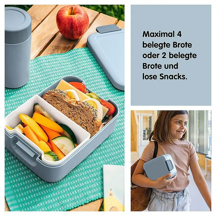 Sunware Sigma home Lunchbox - L x B x H: 17 x 12,3 x 6,1 cm, Blau - Lunchbox mit verschiedenen Snacks und Brot, ideal für unterwegs, wie im Bild mit einem Mädchen.