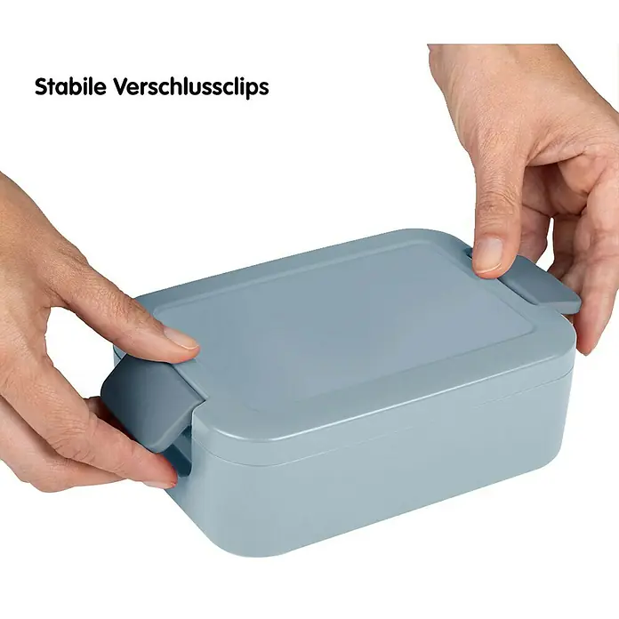 Sunware Sigma home Lunchbox - L x B x H: 17 x 12,3 x 6,1 cm, Blau - Graue Lunchbox mit stabilen Verschlussclips, die von zwei Händen geöffnet werden.