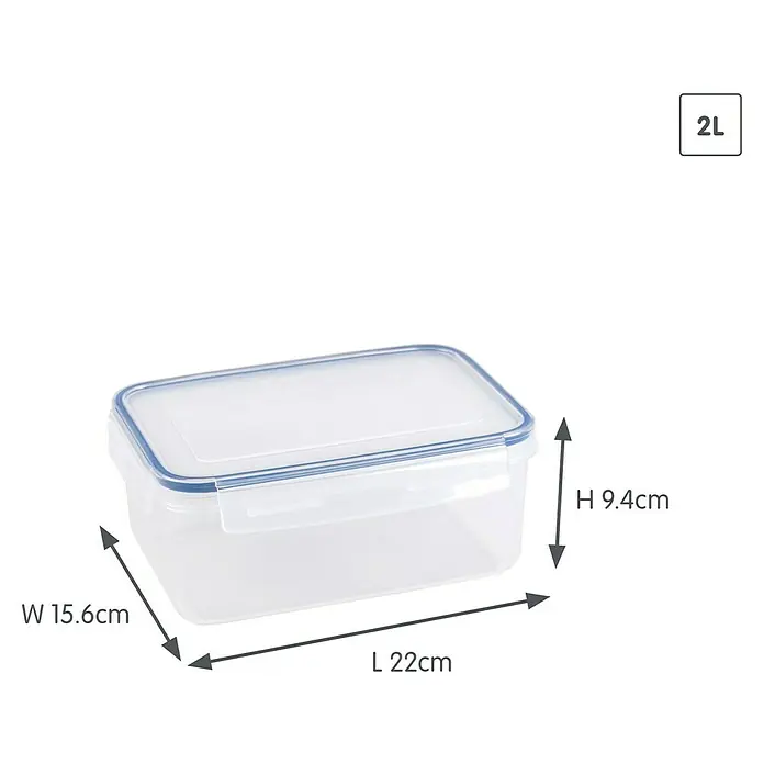 Sunware Frischhaltedose Basic - L x B x H: 22 x 15,6 x 9,4 cm, Transpatent - Abbildung einer rechteckigen 2-Liter-Vorratsdose mit transparentem Deckel und blauen Akzenten, zusammen mit ihren Abmessungen.