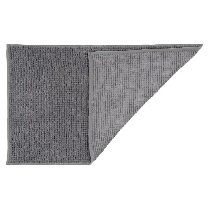 Camargue Badteppich Zottel - 50 x 80 cm, Grau, 100% Polyester - Graue Badematte, teilweise gefaltet, zeigt die Textur auf beiden Seiten, die eine weiche, saugfähige Oberfläche verspricht.
