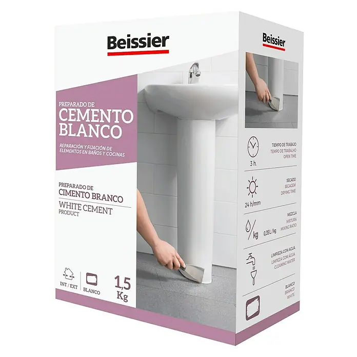 Beissier Cemento blanco - 1,5 kg - Imagen del producto de cemento blanco Beissier, ideal para reparar y fijar elementos en baños y cocinas. Apto para interiores y exteriores.