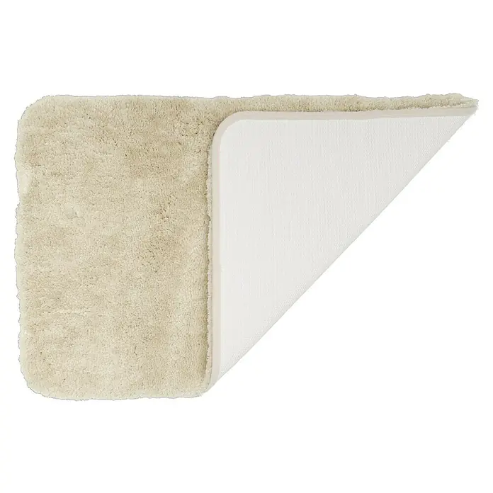 Camargue Badteppich Wuschel - 80 x 50 cm, Beige - Ein rechteckiger, beigefarbener Badteppich mit weicher Textur und rutschfester Unterseite, ideal für jedes Badezimmer.