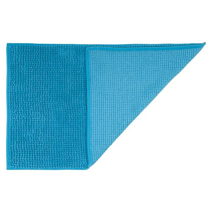 Camargue Badteppich Zottel - 50 x 80 cm, Türkis, 100% Polyester - Ein hellblauer Badteppich, teilweise gefaltet, zeigt eine weiche, strukturierte Oberfläche und lädt zum Betreten ein.