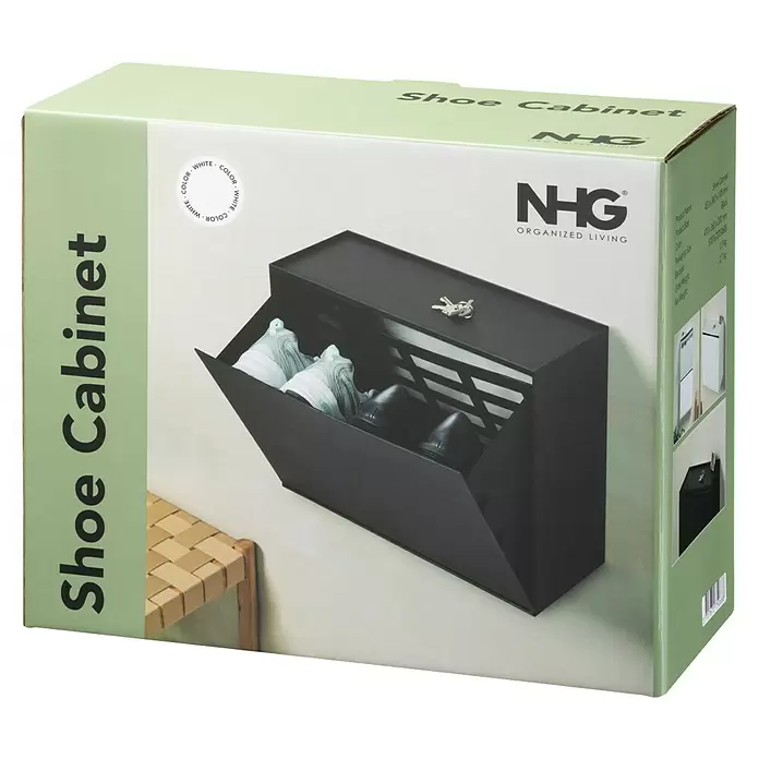 Schuhregal - L x B x H: 18,5 x 45,3 x 36 cm, Weiß - Produktkarton für ein schwarzes wandmontiertes Schuhregal mit NHG-Logo.