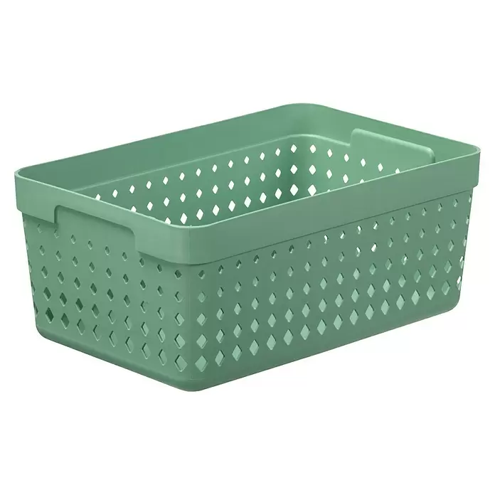 Organizer Seoul - L x B x H: 23,8 x 15,8 x 10 cm, Grün - Rechteckiger, salbeigrüner Kunststoff-Aufbewahrungskorb mit Rautenperforationen und integrierten Griffen.