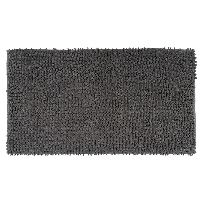 Camargue Badteppich Fluffy - 50 x 90 cm, Grau, 100% Polyester - Detailaufnahme eines grauen Badvorlegers mit weicher, strukturierter Oberfläche. Ideal für Badezimmer und als dekoratives Element geeignet.