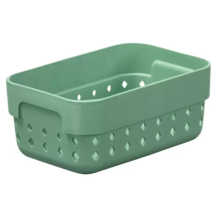 Organizer Seoul - L x B x H: 11,8 x 7,8 x 5 cm, Grün - Hellgrüner rechteckiger Plastik-Aufbewahrungskorb mit integrierten Griffen und rautenförmigen Perforationen.