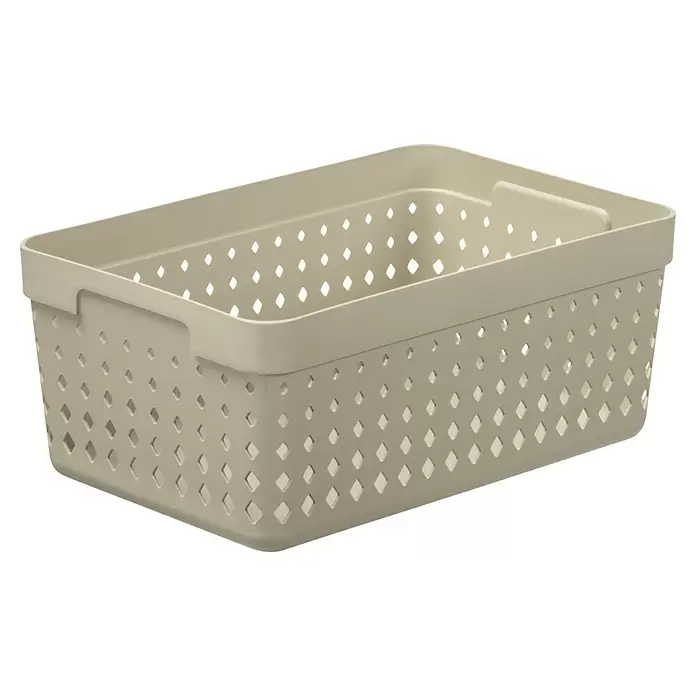 Organizer Seoul - L x B x H: 23,8 x 15,8 x 10 cm, Beige - Rechteckiger hellbeiger Kunststoff-Aufbewahrungskorb mit Rautenperforationen und integrierten Griffen zur Organisation.